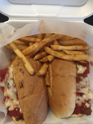 Eggplant Parmesan Parmigiana Sub and French Fries!