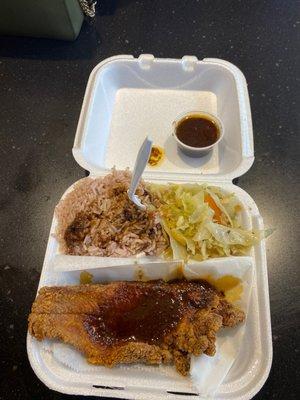 Jerk Fried Catfish, rice and peas and cabbage