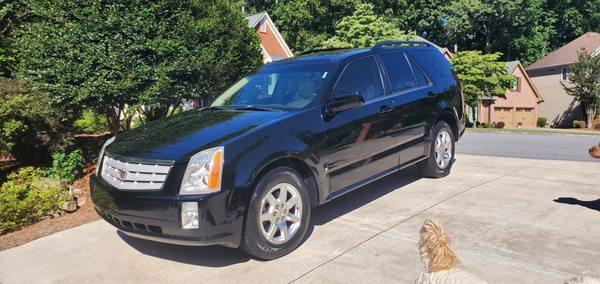 2009 Cadillac SRX and a golden  doodle