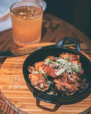 BBQ Sweet and Sour Chicken Wings and a blood orange margarita.