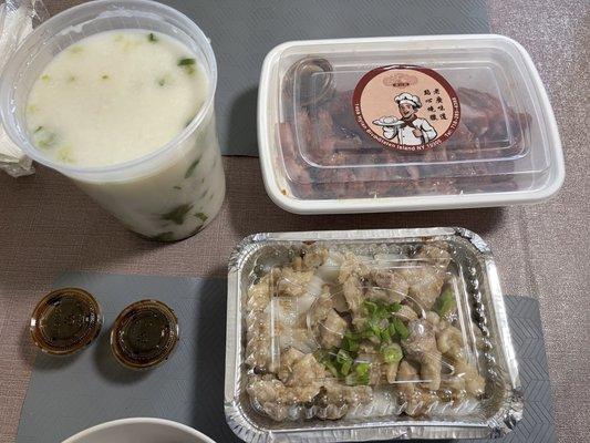 Congee with Pork and Preserved Egg, Spare Ribs with Rice Noodle Roll, Roast Pork