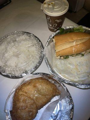 Take Out Alert: Cheese Empanada, White Rice, Red Beans, and Sandwich de Pollo