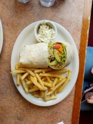 Avocado Chicken Wrap with fries- chicken is grilled with little crispy edges, very tasty!