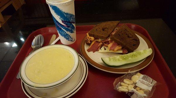 Egg & Lemon Soup (Small); Pastrami sandwich on dark rye. Fresh iced tea. $14.00