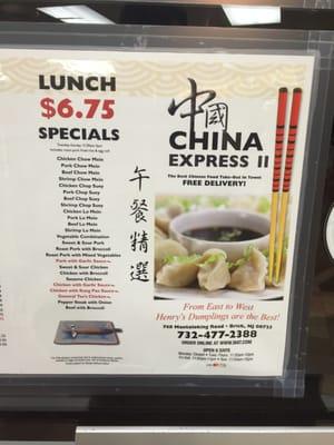 Lunch special menu