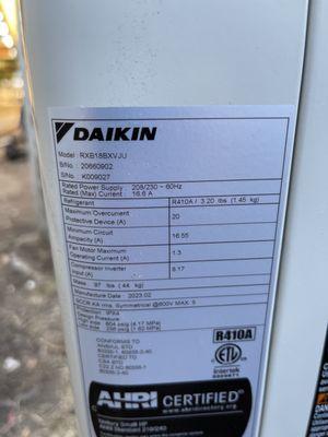 Model number, and serial number sticker plate for the Daiken mini split HVAC unit.