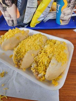 3 cheese coneys, mustard, chili, onion and smothered in cheese. Delish!