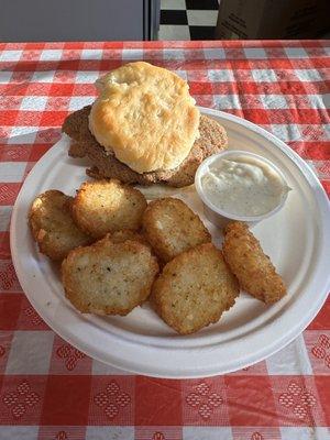 Country Fried Steak Biscuit, Tater Rounds