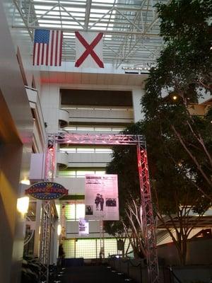 Main lobby decorated for an event. Convenience store on the left.