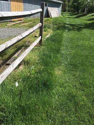 Not mowing properly numerous times up to boundary lines even when clearly marked.