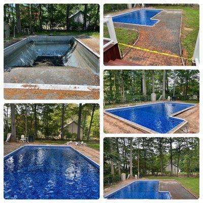 Pool drained, liner installed, wood deck removed, concrete patio outline.