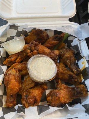 Buffalo wings w/ bleu cheese. The fryer seemed to be a little hot as these were very dark as well. Wish there had been more Buffalo sauce.