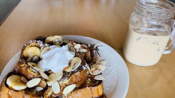 Messy almond banana French toast and mazapan ice coffee