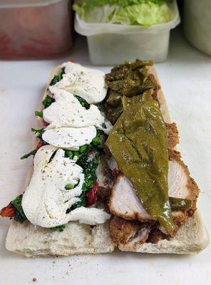 Lunch at C&Js Deli! Delicious! Chicken cutlet, Roasted Peppers, Mozzarella, Long Hots and Broccoli Rabe!