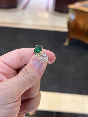 Custom Double Solitaire Engagement Ring made for our wonderful client. 3.60 Pear Shape Emerald and 3.01 Carat Cushion Cut Diamond set in 18K