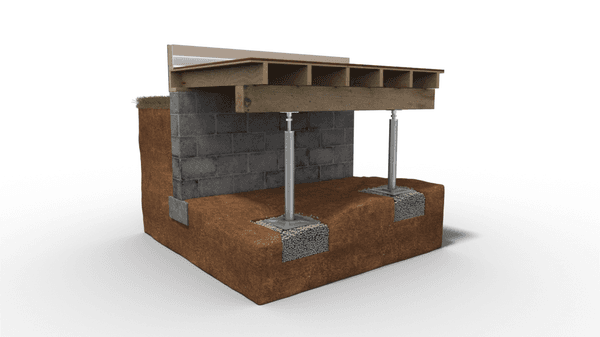 A 3D illustration of how SmartJacks are used to correct a settling foundation.