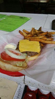 Cheeseburger with hand-cut fries.