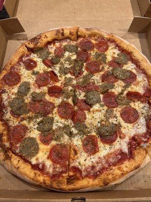 Meatball pepperoni pizza