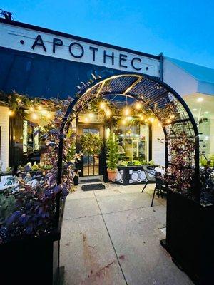 Tables and twinkle lights set up outside