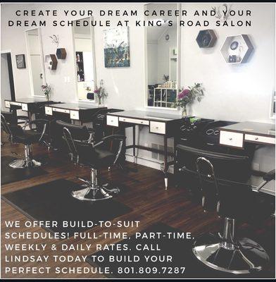 King's Road Salon has Booth Rent Space available. We have very flexible options. Call Lindsay at 801.809.7287 for more information.