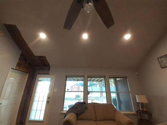 Added 6 Recessed can lights in cathedral ceiling, with a new dimmer to control them.