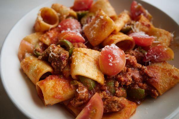 Mountain View farms pork rigatoni (fennel, castelvetrano olives, cherry tomato, ricotta salata)