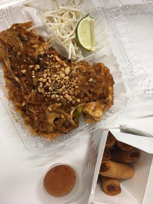 Chicken pad Thai and spring rolls