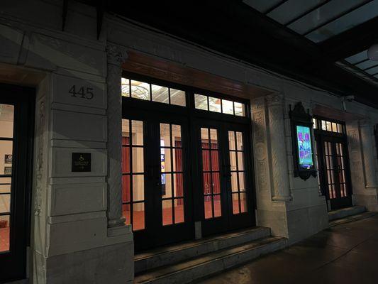 Exterior of the Curran in San Francisco at night.