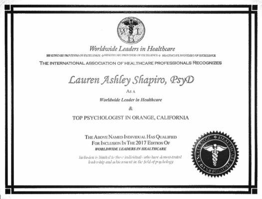 Lauren Ashley Shapiro, PsyD was recognized as a Top Psychologist in Orange, CA by the Worldwide Leaders in Healthcare at IAHCP