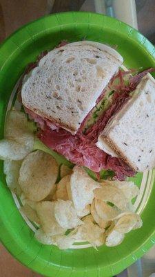 Corned beef sandwich with chips