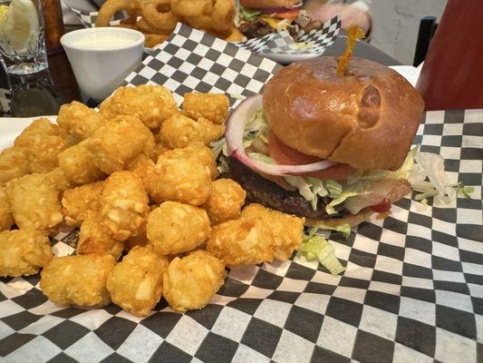 Bacon cheeseburger and tots