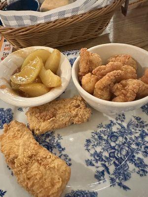 Fried fish, shrimp and Fried Apples.