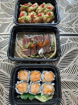 Spicy Cr Scallop Roll, Black Pepper Tuna (6pcs), Fiery Roll