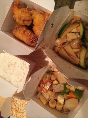 Shrimp rolls, Szechuan Chicken, Kung Pao Chicken, Steamed Rice