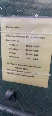 Their hours and days of donation operation.