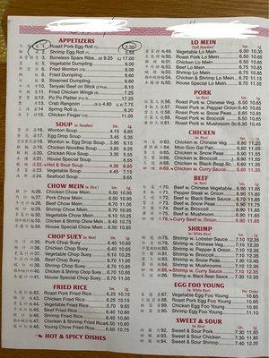 Updated menu as of May 2023