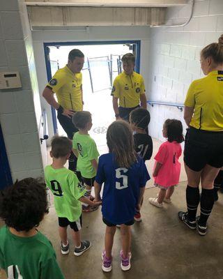 Nothing like getting a prep talk from referees before walking out with the players during the Oakland County FC USL2 game.