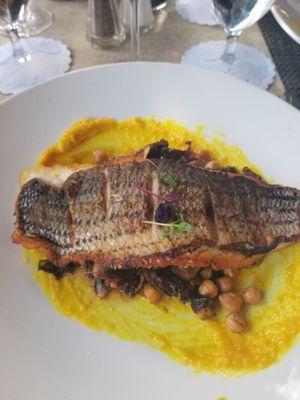 Striped Bass with brussels, chickpeas and a tumeric ginger sauce