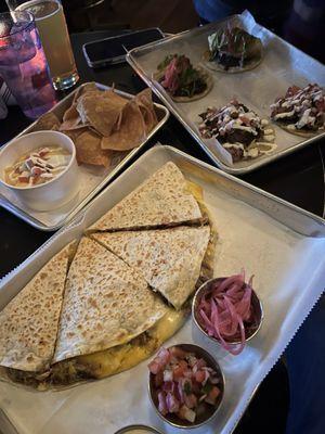 Quesadilla, tacos and queso