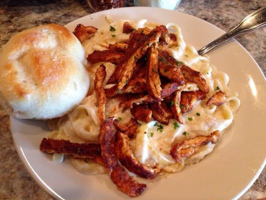 Fettuccine Alfredo with blackened chicken added. Lunch portion.