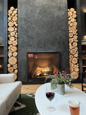 Lobby fireplace.