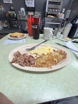 My $11 breakfast with ALL drinks shown...I also ate a good chunk of egg before I remembered to snap a pic!