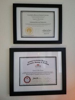 State and National massage certifications