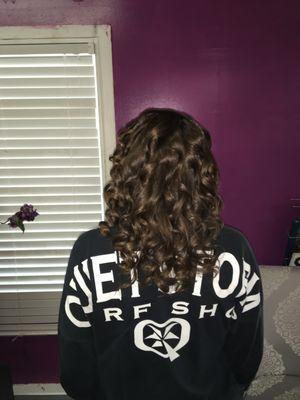 After color retouch and curl with flat iron