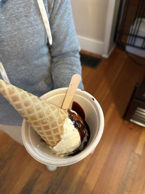 Bourbon chocolate pretzel, with fudge, cone on the side