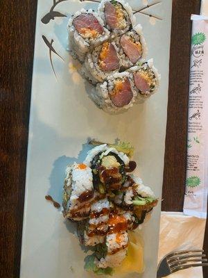 Shrimp tempura and spicy tuna rolls