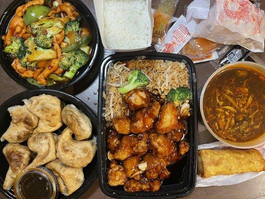 Full speed, clockwise from lower left, dumplings, garlic chicken, general toss, hot and sour soup