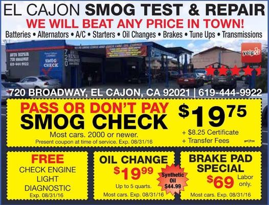 El Cajon smog test and repair call for app. 619-444-9922