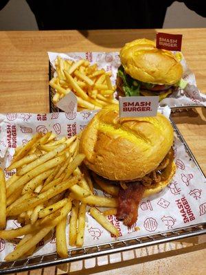 BBQ Bacon Cheddar burger and Smash Fries