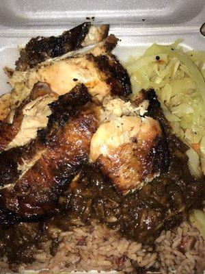 Jerk chicken with rice & peas with steamed veggies